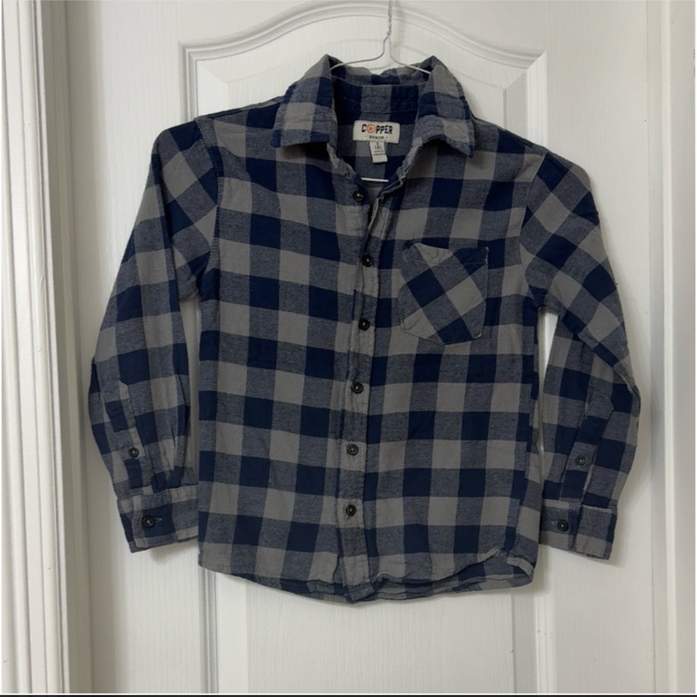 Copper Denim Boys Size S (8)  Button Up Shirt Blue Grey Plaid Cotton